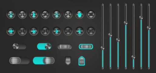 Poster - Control button with neon backlight. Media player interface, music or video bar, play, next, stop, pause signs. Ui navigation switchers on, off, volume, equalizers or slider, Realistic 3d vector set