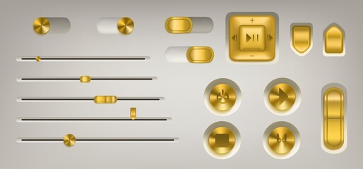 Poster - Music control panel with golden buttons, knobs, switch and volume slider. Vector realistic interface of audio or video application with gold colored buttons with play, stop, pause and power icons