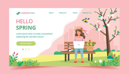 Leinwandbilder - Woman with laptop sitting on the bench and spring flowers in basket. Landing page template. Cute illustration in flat style.