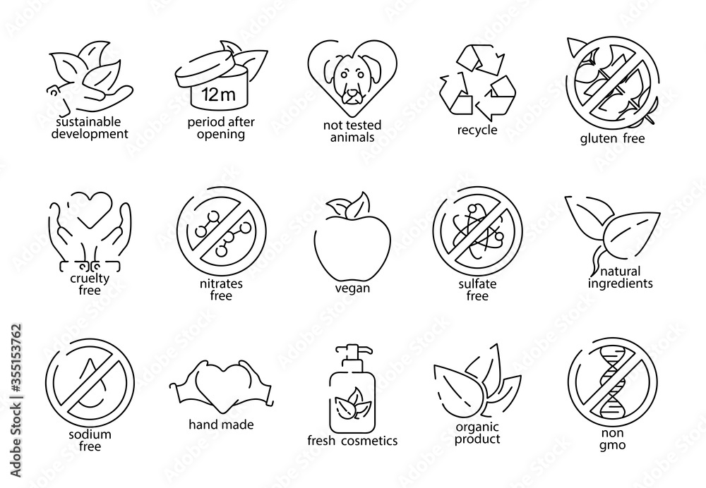 Set of natural and organic line icons. Bundle of icon for eco products. Vector. - obrazy, fototapety, plakaty 