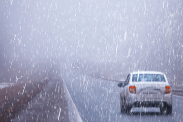 autumn landscape highway rain and fog in europe, dangerous road, bad weather