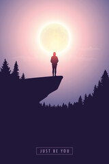 Wall Mural - lonely girl silhouette on a cliff by full moon vector illustration EPS10