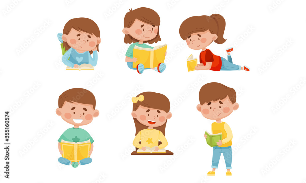 Kids in Sitting and Lying Pose Reading Book Vector Illustrations Set ...