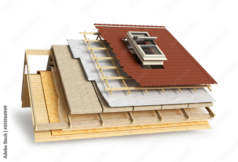 Layered scheme of roof covering and window installing, 3d illustration - obrazy, fototapety, plakaty 