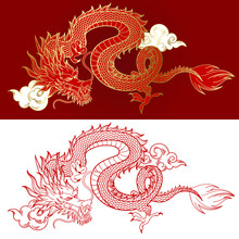 Traditional Chinese Dragon And Clouds. Asian Vector Illustration. Mythological Creature Sketch Hand Drawn. Red Serpent And Clouds With Golden Outline Drawing