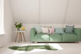 Fototapeta  - White stylish minimalist room with sofa. Scandinavian interior design. 3D illustration