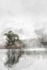 Wall Mural - Digital watercolor painting of Beautiful mody Autumn Fall landscape of woodland and lake with mist fog during early morning