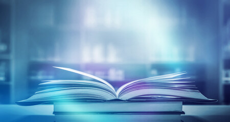 Poster - Stack of books in the library and blur bookshelf background