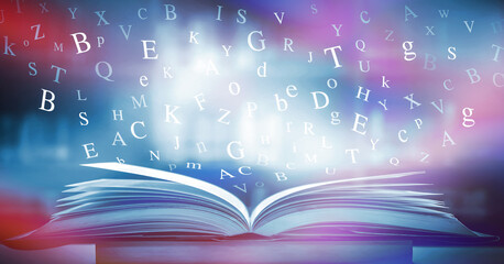 Poster - the concept of education by planting a tree of knowledge in the opening of an old book in the librar