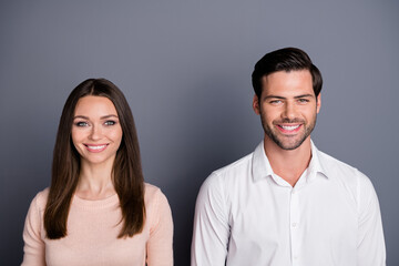 Close-up portrait of his he her she nice attractive lovely content cheerful cheery couple team wearing casual formalwear isolated over gray violet purple pastel color background