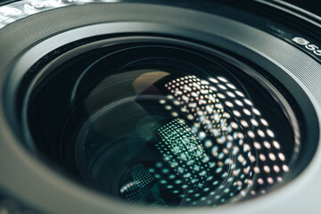 Aufkleber - Close up beautiful camera aperture lens with multi colored light glass reflection. Macro view.