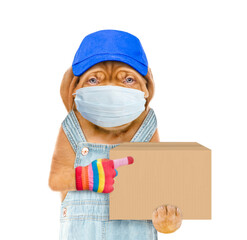 Poster - Puppy wearing medical protective mask and overalls holds big box. Delivery during coronavirus concept. isolated on white background