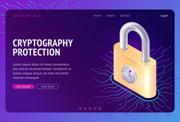 Poster - Cryptography protection, vector web banner isometric concept. Large lock with combination lock and electronic digital connections, Internet security from cybercrime, safety, landing website page