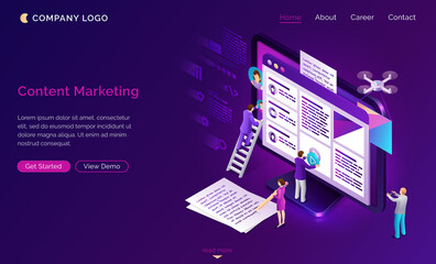 Poster - content marketing banner. social media advertising, seo optimization concept. vector landing page of