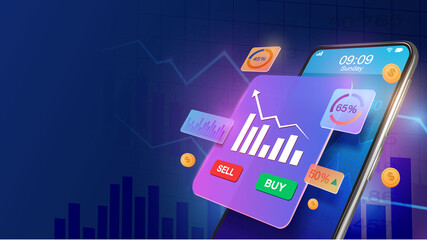 Smartphone show increase market share investment and economic growth graph chart. stock market, business growth, strategy planing concept. 