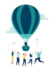  vector illustration, search for new ideas, teamwork in the company, brainstorming, fantasy flight, thought process, balloon flies up the company of little men rejoice, moving up approaching the goal