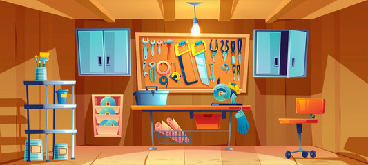 Garage interior with instruments, tools for carpentry and repair works. Empty workshop with mitre saw and toolbox on workbench. Screwdriver, pliers and hammer on wall board Cartoon vector illustration