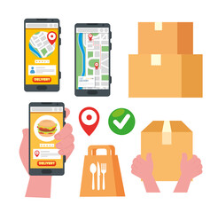 collection designs of delivery online with smartphone and boxes packages