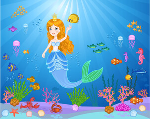 Wall Mural - Little cute mermaid with fishes and seashells