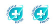 Clinically tested and clinically proven sticker for laboratory tested products - vector element with medical cross in 2 variations