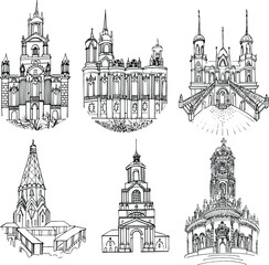 Set of 6 vector drawings Russian Orthodox Church. Vector linear black-and-white illustrations. Hand drawn. Easter. Collection of Russian architecture. Retro sketch style. Isolated. 