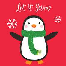 Cute Penguin With Let It Snow Latter On Red Background