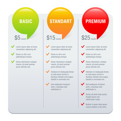 Poster - comparison table - infographics with three different columns (tariff subscription plan) with headlin