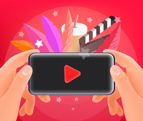 Poster - Watching video via smartphone. Man holding modern smartphone. Trendy style illustration