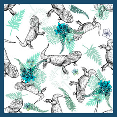 Naklejka na meble Seamless pattern of hand drawn sketch style bearded dragons and plants isolated on white background. Vector illustration.