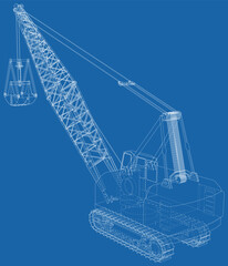 Dragline walking excavator with a ladle. Vector illustration. Vector rendering of 3d. Wire-frame style.