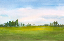 Watercolor Green Field Landscape Background With Trees And Blue Sky.