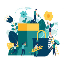 Vector illustration of boots, watering can and flowers on white background, gardeners taking care of the garden, growing and studying plants in nature, clean ecology, garden tools.