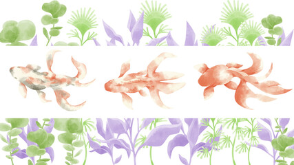  金魚3匹と水草の水彩手書きイラスト