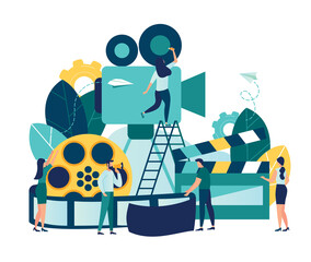 Vector illustration on white background, online cinema, concept of cinematography, little people shoot video