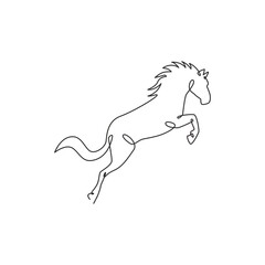 Poster - Single continuous line drawing of jumping elegant horse company logo identity. Strong mustang mammal animal icon concept. Trendy one line draw graphic vector design illustration