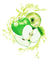 Wall Mural - Green apples in the splash of light green juice