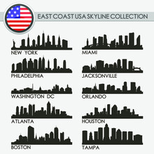 Most Famous East Coast USA Travel Skyline City Silhouette Design Collection Set