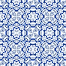 "Line Thai Or Indigo Blue Porcelain Plate" Thailand Traditional Illustration Design With Lotus And Flower Seamless Pattern Vector With White Background