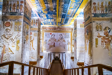 Burial chamber with colorful Egyptian hieroglyphics at the valley of the kings, Luxor, Egypt