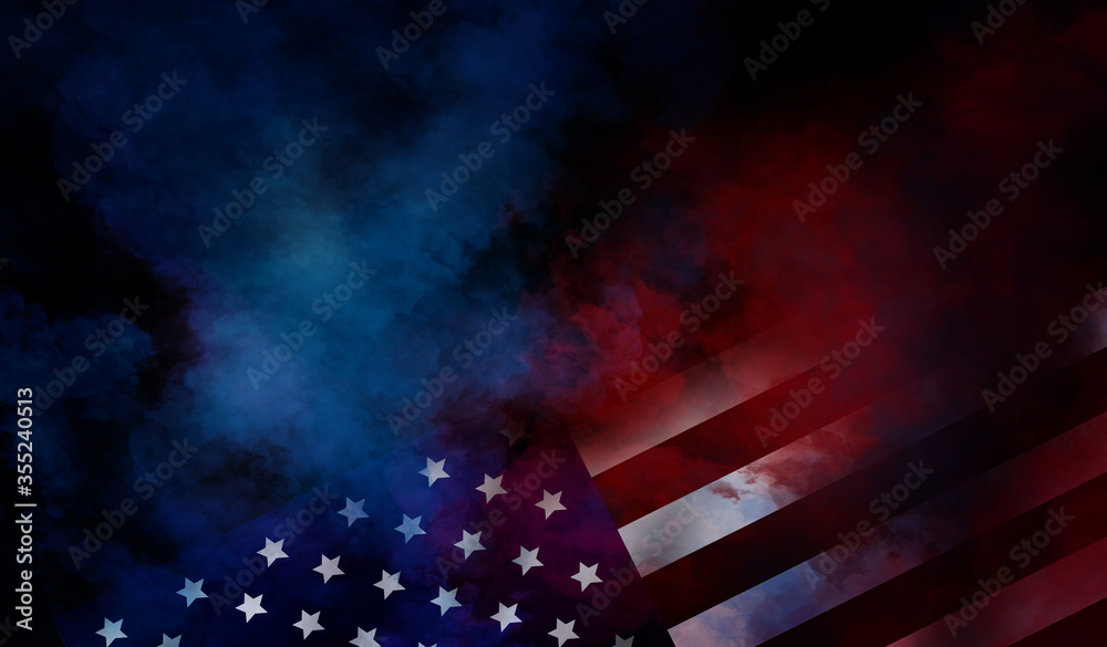 flag USA background design for independence, veterans, labor, memorial day. colorful smoke on black background - obrazy, fototapety, plakaty 