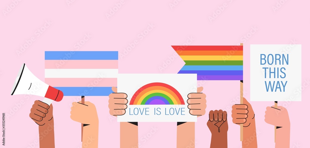 Lgbt Rights Movement Signs People hold signs, banner and placards with lgbt rainbow and ...