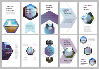Wall Mural - creative social networks stories design, vertical banner or flyer templates with hexagonal design ba