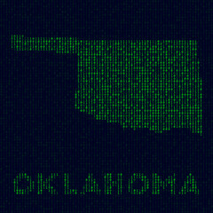 Digital Oklahoma logo. US state symbol in hacker style. Binary code map of Oklahoma with US state name. Neat vector illustration.