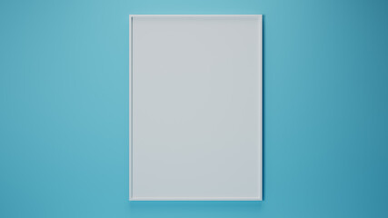 empty white picture frame on light blue background, 3D illustration