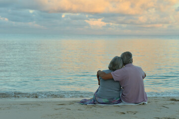 Poster - Back view. Happy elderly couple resting on tropical beach