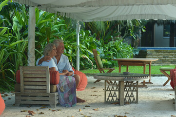 Wall Mural - Amusing happy smiling old couple at cafe table