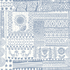 Poster - Vector abstract seamless doodle pattern. Blue white hand drawn patchwork. Ethnic collage for ceramic tile, wallpaper, wrapping paper, card, cover, textile, web page background