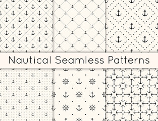 Set of 6 vector seamless geometric pattern with anchors, steering wheel and polka dot. Nautical background in minimalistic style. Vintage maritime backdrop for texture, paper, card, textile.