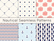 Set of 6 vector seamless nautical patterns with anchors, sea horses, corals, hearts, wavy lines and polka dot. Vintage maritime collection of backgrounds in minimalistic style.