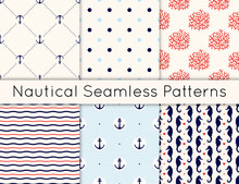 Set Of 6 Vector Seamless Nautical Patterns With Anchors, Sea Horses, Corals, Hearts, Wavy Lines And Polka Dot. Vintage Maritime Collection Of Backgrounds In Minimalistic Style.